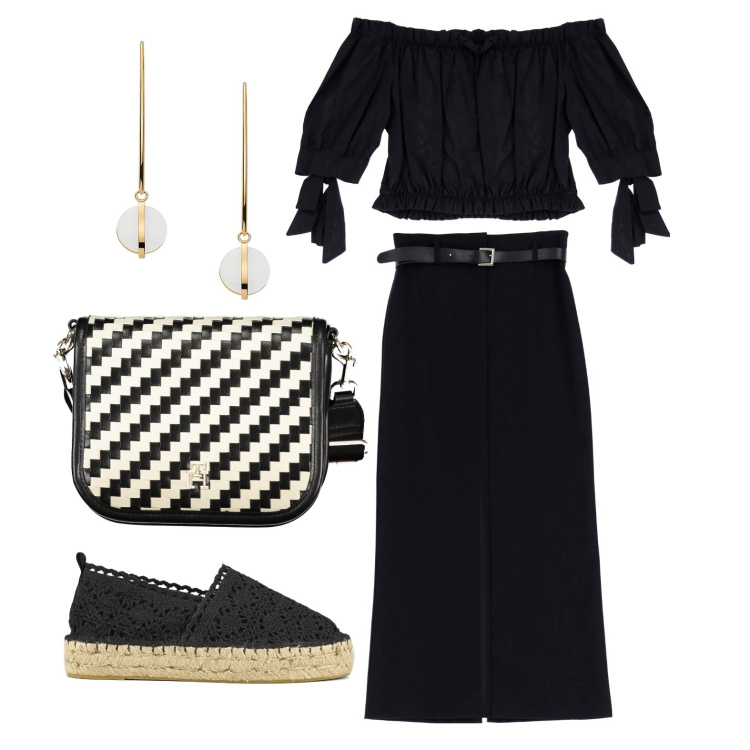 Outfit donna - Ghost outfitter - maggio. Stile Trendy per Tutti i giorni. Abbinamento con orecchini, gonne lunghe, bluse, espadrillas, borse a tracolla.