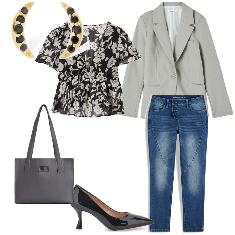 Outfit donna - Basta un blazer ad elevare il look. Stile Chic per Serata fuori. Abbinamento con jeans boyfriend, bluse, blazer, shopping bag, décolleté, orecchini.
