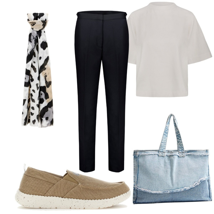 Outfit donna - Total look #1869627. Stile Trendy per Tutti i giorni. Abbinamento con shopping bag, foulard, pantaloni, mocassini, t-shirt.