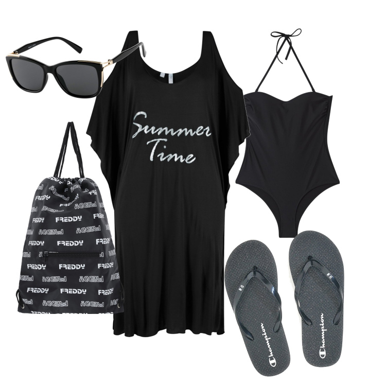 Outfit donna - Primo giorno di spiaggia. Stile Basic per Mare. Abbinamento con vestiti da spiaggia, occhiali da sole, costumi interi, zaini, infradito.