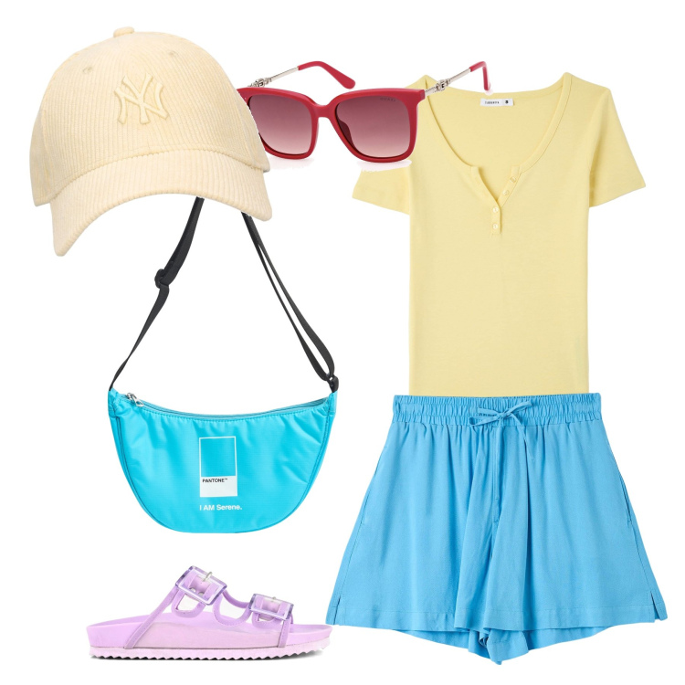 Outfit donna - Un mondo di colori. Stile Minimal per Mare. Abbinamento con marsupi, t-shirt, shorts, occhiali da sole, sandali, cappelli con visiera.