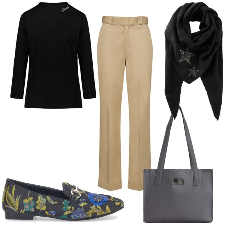 Outfit donna - Total look #1869654. Stile Trendy per Tutti i giorni. Abbinamento con foulard, shopping bag, pantaloni, t-shirt, mocassini.