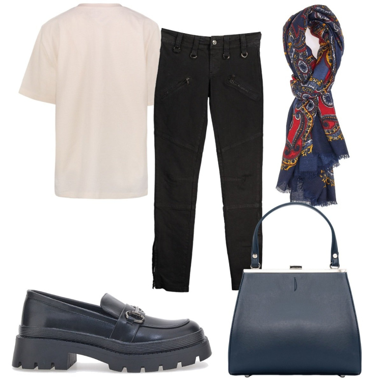 Outfit donna - Total look #1869655. Stile Trendy per Tutti i giorni. Abbinamento con clutch, mocassini, sciarpe, pantaloni, t-shirt.