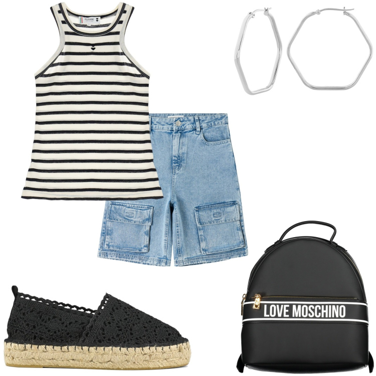 Outfit donna - Arriva l\'estate. Stile Casual per Tutti i giorni. Abbinamento con orecchini, top, bermuda, espadrillas, zaini.