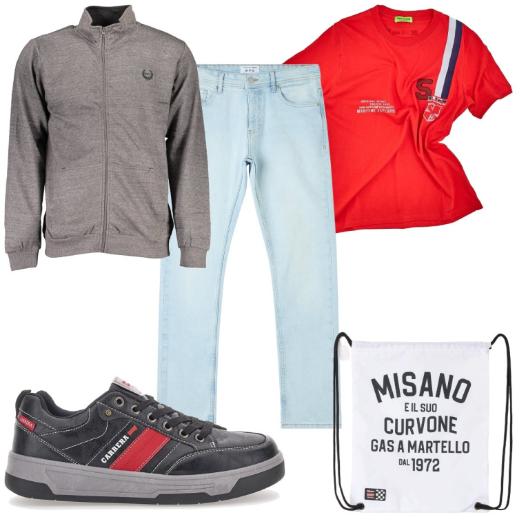 Outfit uomo - Total look #1869665. Stile Trendy per Tutti i giorni. Abbinamento con borse sportive, jeans dritti, felpe, t-shirt, sneakers.