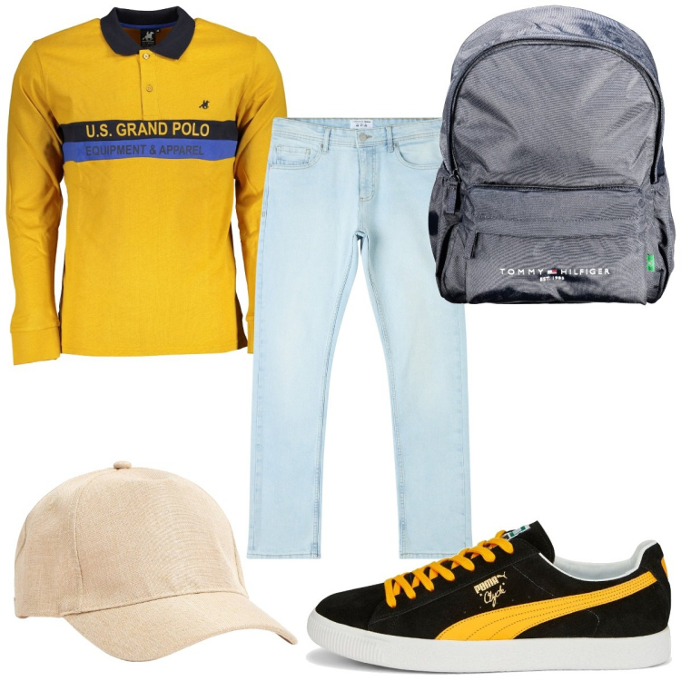 Outfit uomo - Total look #1869667. Stile Trendy per Tutti i giorni. Abbinamento con jeans dritti, cappelli, sneakers, polo, borse sportive.