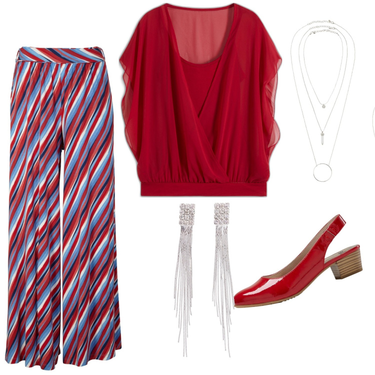 Outfit donna - Pantaloni a righe. Stile Bon Ton per Ufficio. Abbinamento con décolleté, orecchini, ciondoli, pantaloni a palazzo, bluse.