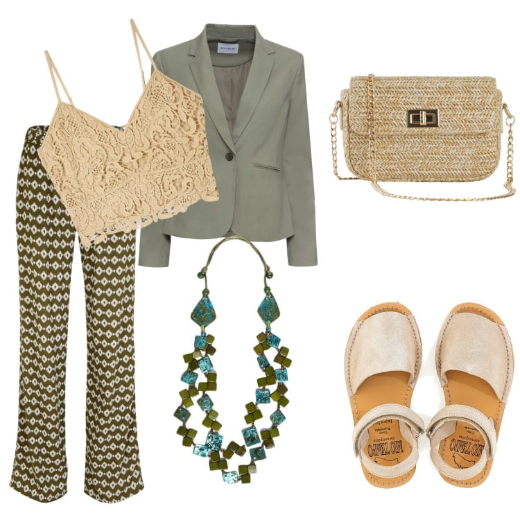 Outfit donna - Total look #1869673. Abbinamento con blazer, pantaloni, borse a mano, top, sandali in pelle, collane.