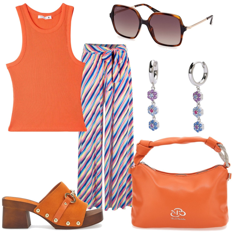 Outfit donna - In vacanza. Stile Trendy per Tutti i giorni. Abbinamento con pantaloni a palazzo, canottiere, orecchini, zoccoli, occhiali da sole, borse a mano.