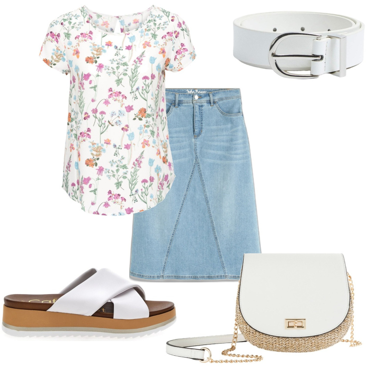 Outfit donna - Vacanza estiva. Stile Casual chic per Tutti i giorni. Abbinamento con gonne, bluse, borse a tracolla, cinture, ciabatte.