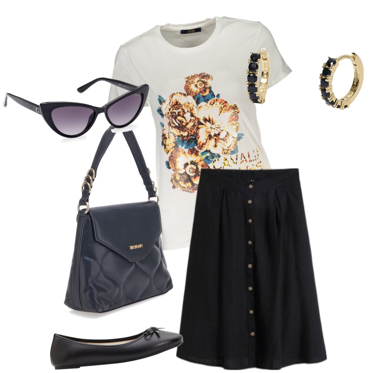 Outfit donna - Che chic. Stile Chic per Tutti i giorni. Abbinamento con gonne longuette, ballerine, orecchini, borse a mano, t-shirt, occhiali da sole.