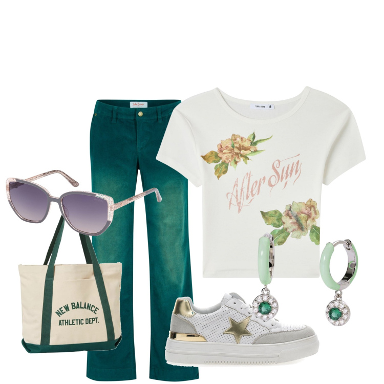 Outfit donna - Total look #1869709. Stile Casual per Tutti i giorni. Abbinamento con pantaloni, t-shirt, orecchini, borse tote, sneakers, occhiali da sole.