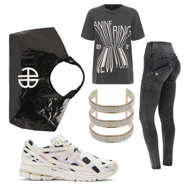 Outfit donna - Leggins neri. Stile Sporty chic per Sport. look ideale per Petite. Abbinamento con scarpe sportive, jeans skinny, borse sportive, t-shirt, braccialetti.
