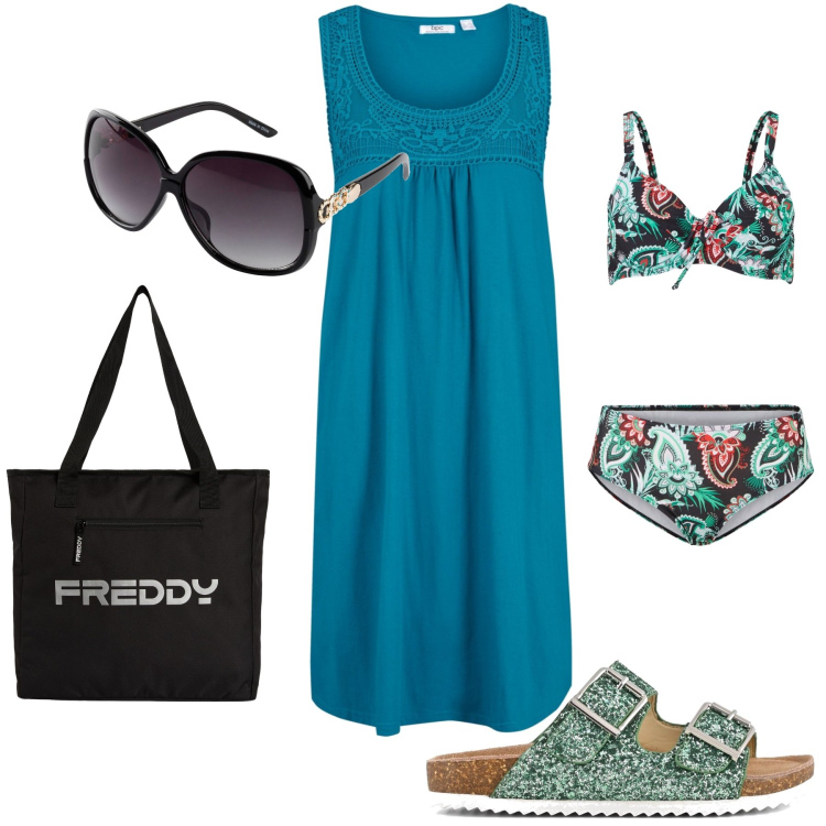 Outfit donna - In riva al mar. Stile Basic per Mare. Abbinamento con bikini, occhiali da sole, vestiti senza maniche, shopping bag, sandali.