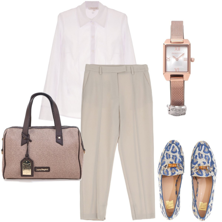 Outfit donna - I mocassini particolari. Stile Mannish per Ufficio. Abbinamento con orologi, camicie, pantaloni, mocassini, borse a mano.