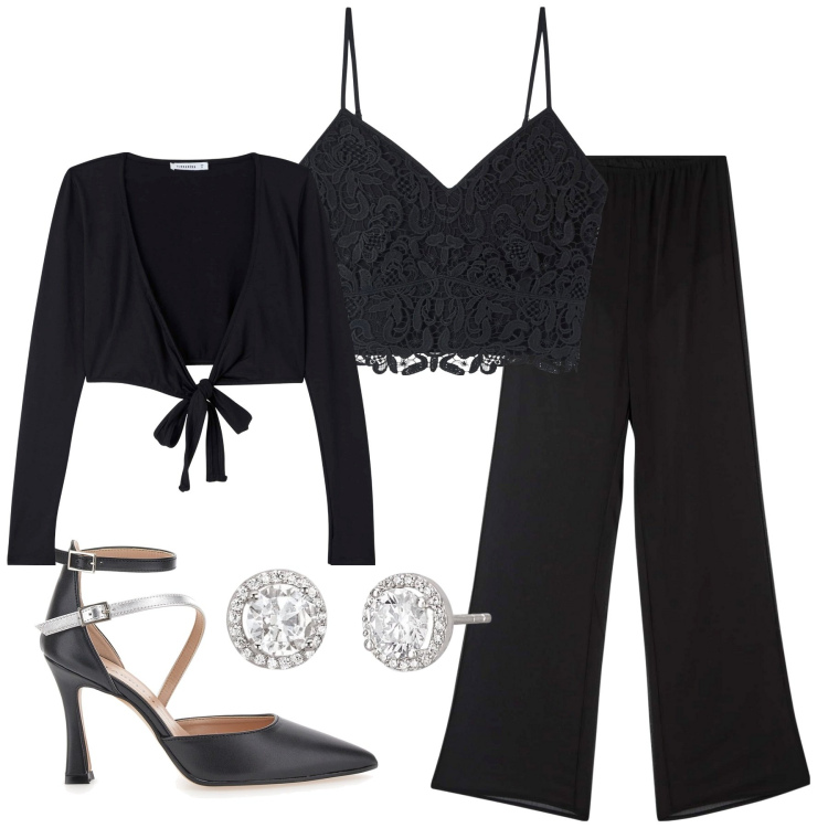 Outfit donna - Wide leg per la sera. Stile Sexy per Serata fuori. Abbinamento con top, pantaloni, blazer, orecchini, décolleté.