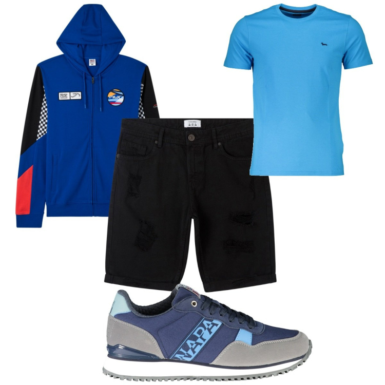 Outfit uomo - Total look #1869783. Stile Trendy per Tutti i giorni. Abbinamento con bermuda, felpe con cappuccio, scarpe sportive, t-shirt.