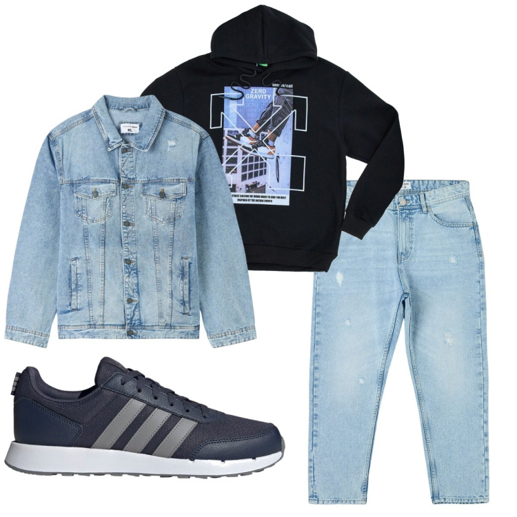 Outfit uomo - Total look #1869789. Stile Casual per Tutti i giorni. Abbinamento con jeans strappati, giacche, felpe con cappuccio, scarpe sportive.