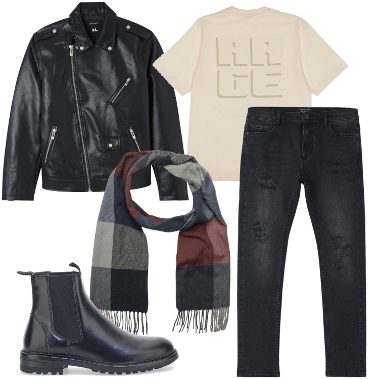 Outfit uomo - Biker rock. Stile Biker Rock per Tutti i giorni. Abbinamento con jeans strappati, giacche, stivali e stivaletti, sciarpe, t-shirt.