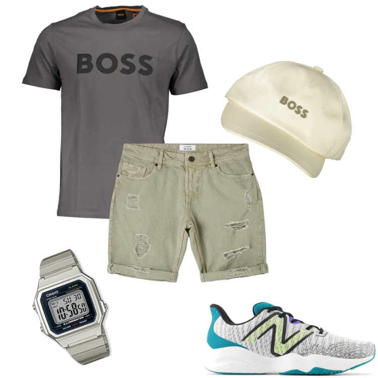 Outfit uomo - T-shirt e berretto Boss. Stile Casual per Mare. Abbinamento con orologi, bermuda, sneakers, t-shirt, cappelli con visiera.