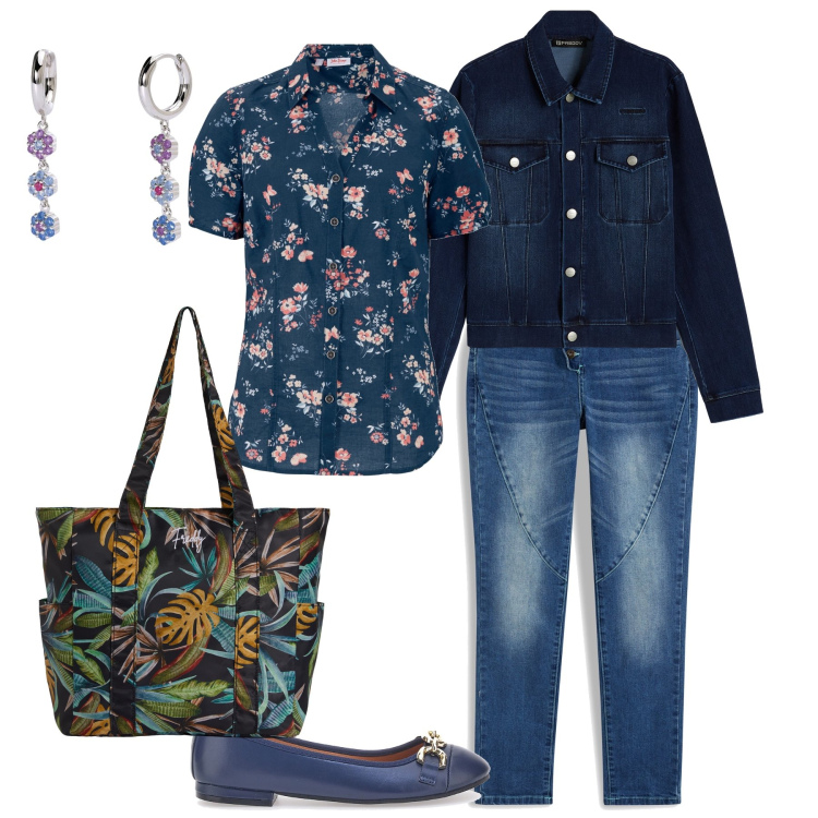 Outfit donna - Fiori sul jeans. Stile Bon Ton per Tutti i giorni. Abbinamento con jeans boyfriend, camicie a manica corta, orecchini, shopping bag, blazer, ballerine.
