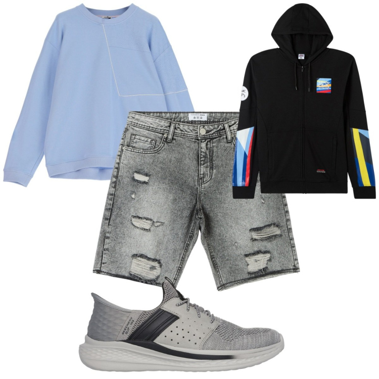Outfit uomo - Total look #1869822. Stile Trendy per Tutti i giorni. Abbinamento con shorts, felpe con cappuccio, felpe, sneakers.