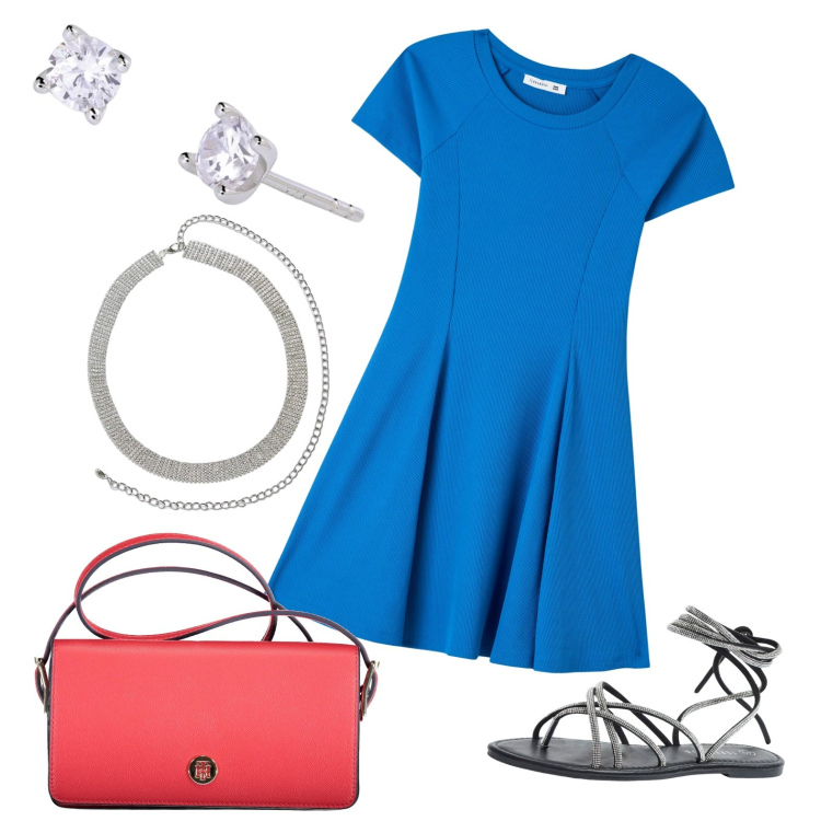Outfit donna - Blu come il mare. Stile Chic per Tutti i giorni. look ideale per Petite. Abbinamento con sandali alla schiava, cinture, vestiti corti, orecchini, borse a spalla.