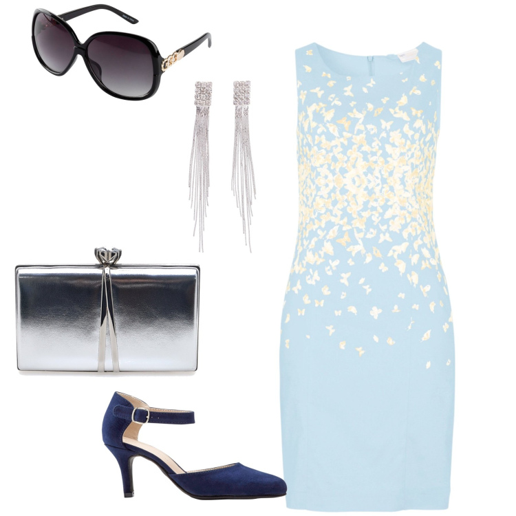 Outfit donna - Piccolo budget grande charm. Stile Chic per Cerimonia. Abbinamento con orecchini, décolleté, occhiali da sole, vestiti a tubino, pochette.