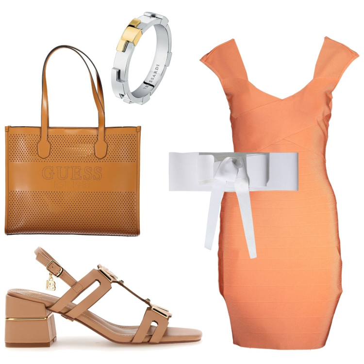 Outfit donna - Tramonto arancio. Stile Casual chic per Tutti i giorni. look ideale per Petite. Abbinamento con anelli, cinture, sandali col tacco, borse a spalla, vestiti corti.