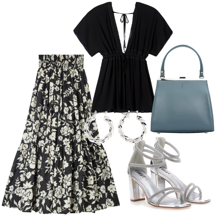 Outfit donna - Elegante con poco. Stile Bon Ton per Cerimonia. Abbinamento con orecchini, gonne lunghe, caftani, clutch, sandali col tacco.