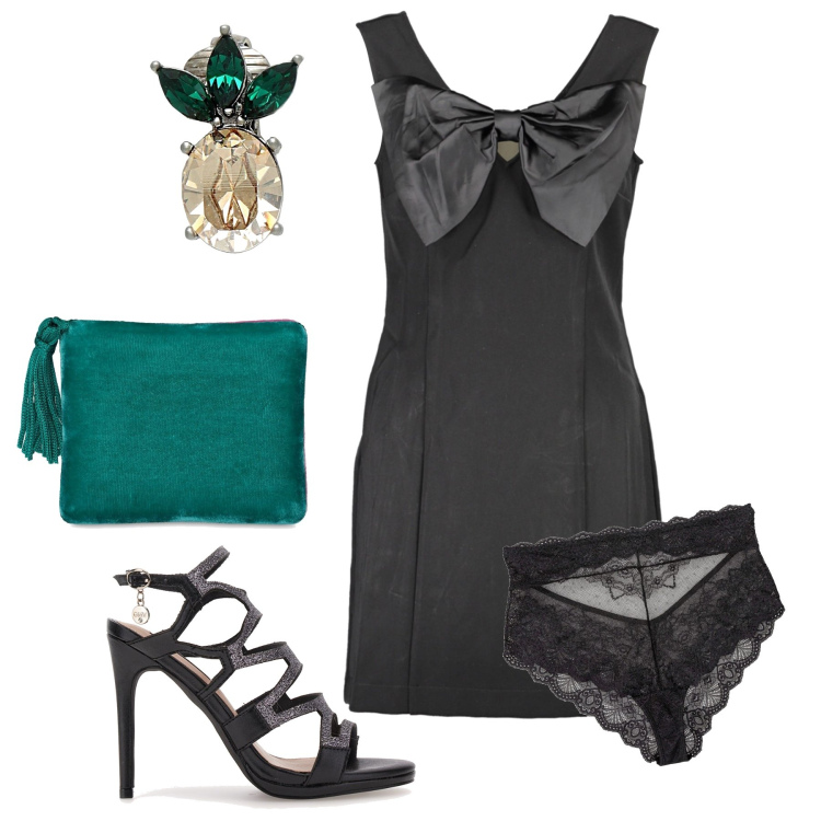 Outfit donna - Look d’ impatto. Stile Sexy per Serata fuori. Abbinamento con culotte, orecchini, sandali col tacco, vestiti corti, pochette.
