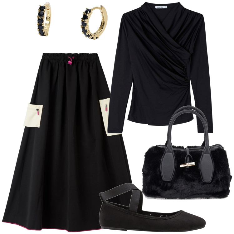 Outfit donna - Sabrina. Stile Chic per Ufficio. Abbinamento con ballerine, t-shirt, gonne lunghe, orecchini, borse a mano.
