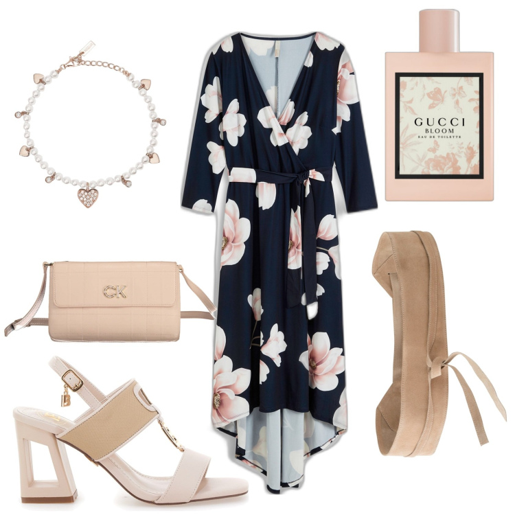 Outfit donna - Cerimonia al sole. Stile Bon Ton per Cerimonia. Abbinamento con vestiti lunghi, cinture, profumi, braccialetti, sandali col tacco, borse a tracolla.