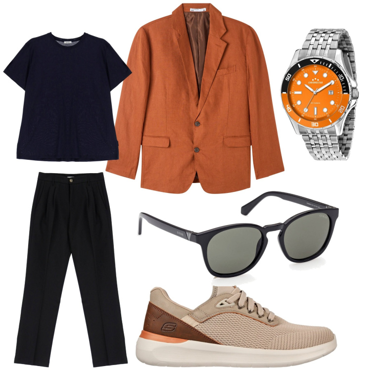 Outfit uomo - La giacca arancione. Stile Business/Elegante per Ufficio. Abbinamento con orologi, giacche, pantaloni, t-shirt, sneakers, occhiali da sole.