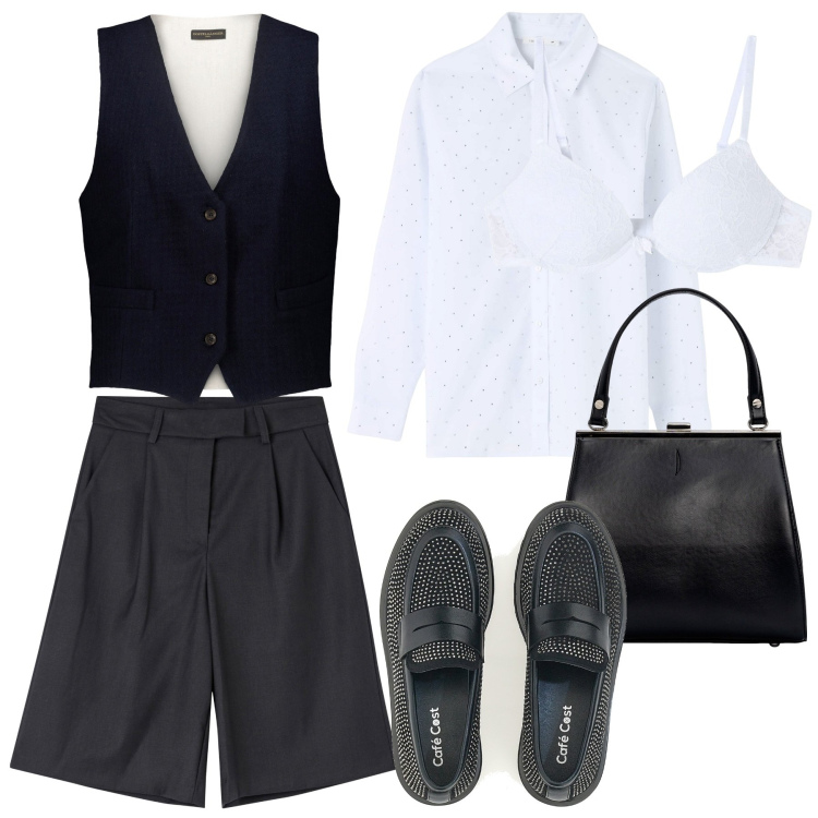 Outfit donna - Mannish in bermuda. Stile Minimal per Ufficio. Abbinamento con reggiseni, bermuda, camicie, mocassini, gilet, clutch.
