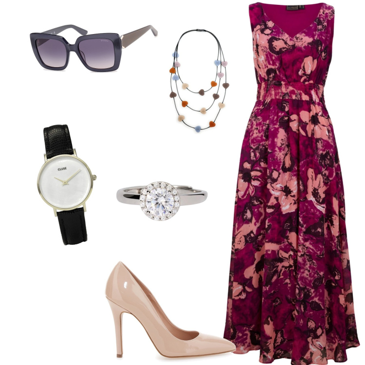 Outfit donna - Anna al Met. Stile Glamour per Serata fuori. Abbinamento con vestiti lunghi, collane, orologi, anelli, occhiali da sole, décolleté.