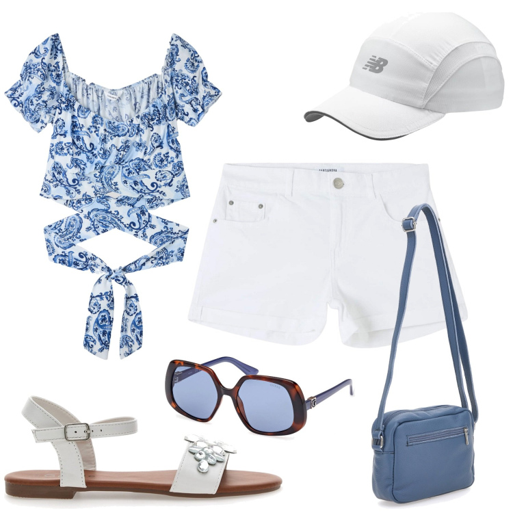 Outfit donna - Easy. Stile Casual per Tutti i giorni. Abbinamento con bluse, shorts, cappelli, sandali gioiello, borse a tracolla, occhiali da sole.