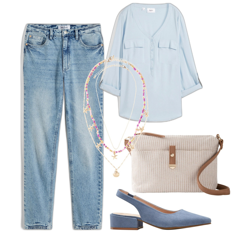 Outfit donna - Bonprix denim e leggerezza. Stile Basic per Tutti i giorni. Abbinamento con décolleté, jeans dritti, bluse, ciondoli, borse a tracolla.