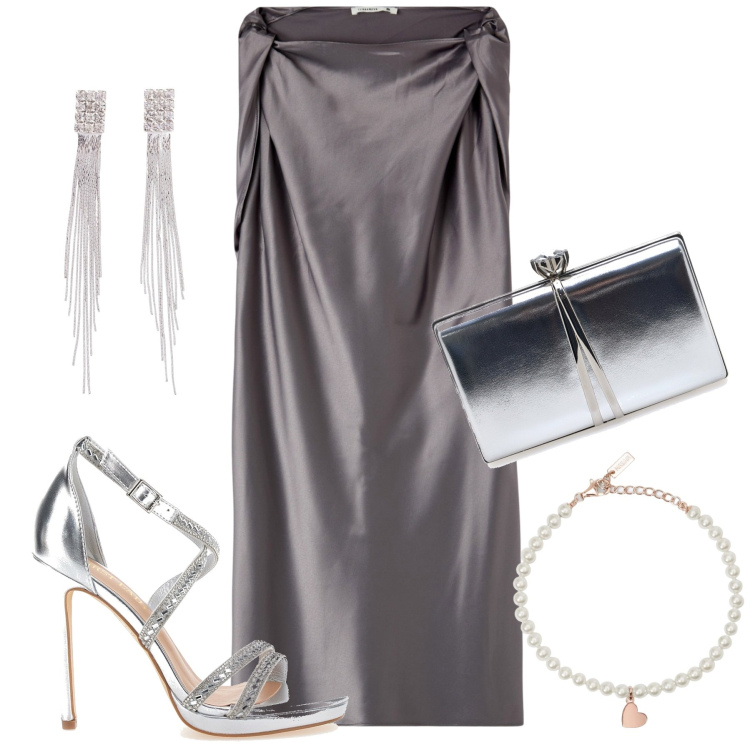 Outfit donna - Serata glamour silver. Stile Glamour per Serata fuori. Abbinamento con orecchini, vestiti corti, braccialetti, pochette, sandali col tacco.