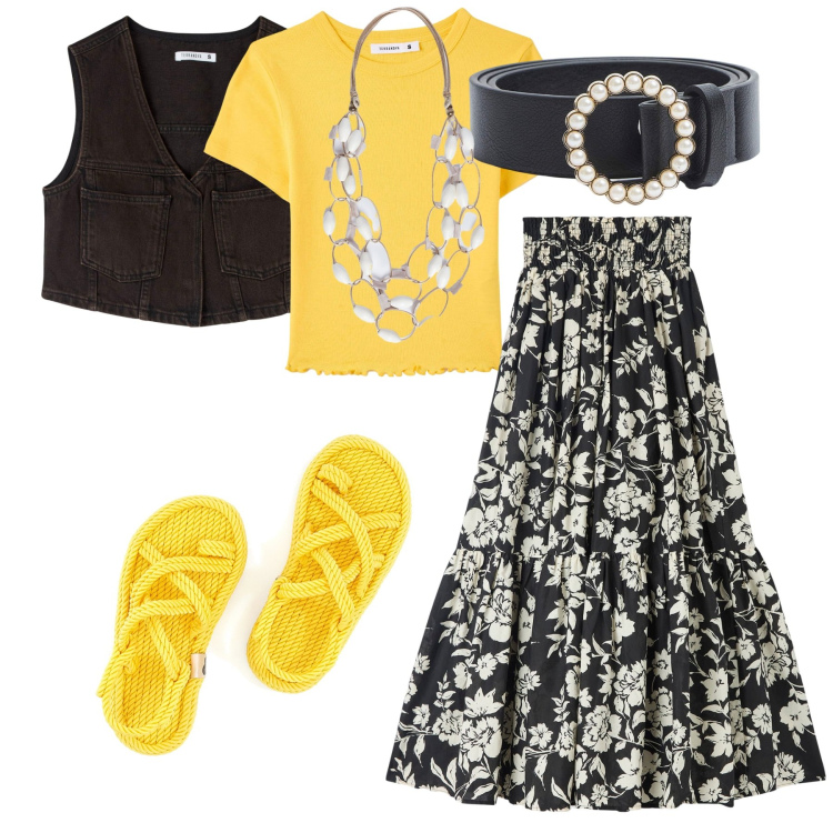 Outfit donna - Gonna in primavera. Stile Chic per Tutti i giorni. Abbinamento con gonne lunghe, gilet, t-shirt, cinture, sandali, collane.