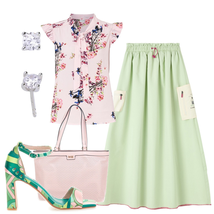 Outfit donna - City. Stile Romantica per Tutti i giorni. Abbinamento con bluse, gonne lunghe, orecchini, sandali col tacco, borse a spalla.