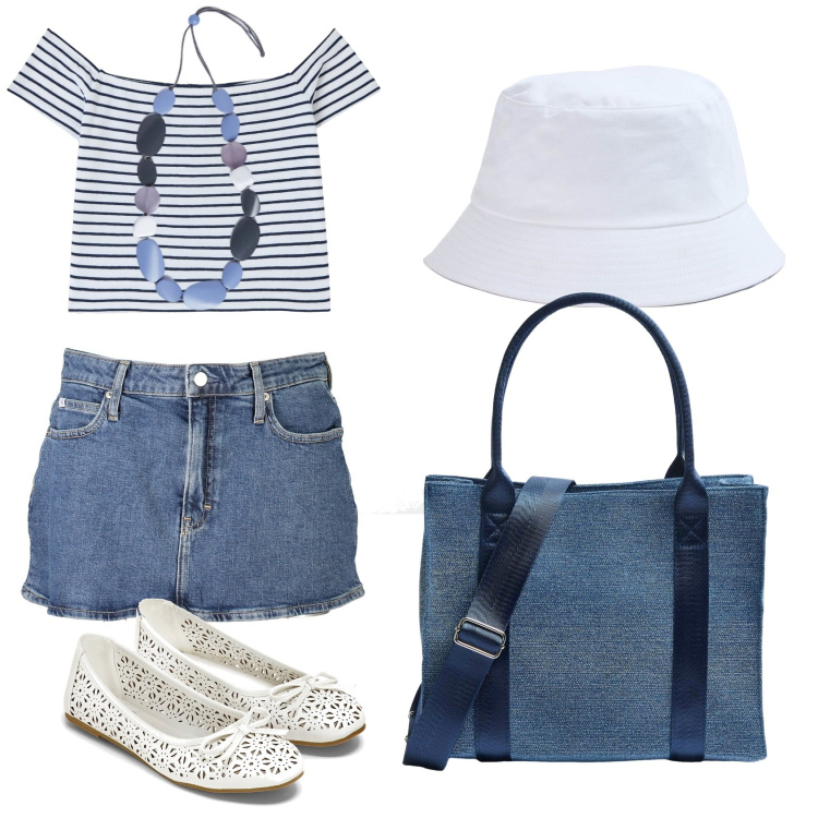 Outfit donna - Primo fine settimana al mare. Stile Casual per Mare. Abbinamento con ballerine, t-shirt, shopping bag, cappelli, gonne, collane.