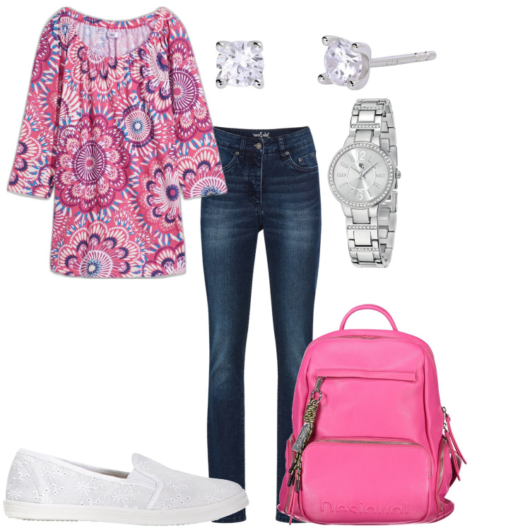 Outfit donna - Festa della mamma. Stile Casual per Tutti i giorni. Abbinamento con ballerine, maglieria, jeans skinny, orologi, orecchini, zaini.