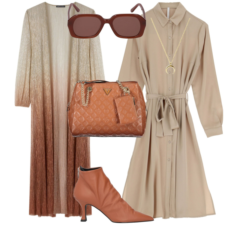 Outfit donna - Minimal per l ufficio toni marrone beige. Stile Minimal per Ufficio. Abbinamento con stivaletti, ciondoli, vestiti midi/longuette, occhiali da sole, borse a spalla, cardigans.