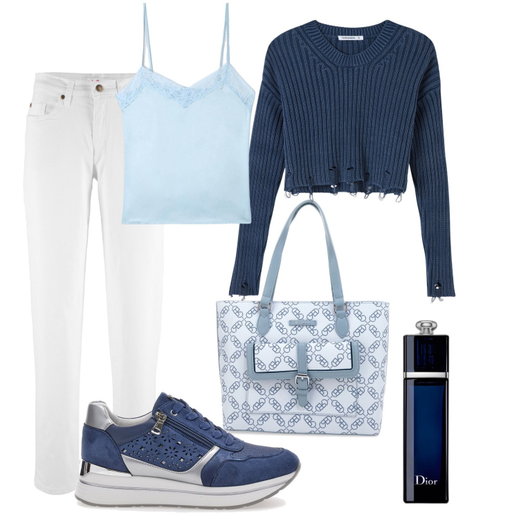 Outfit donna - Facciamo shopping ti regalo un profumo. Stile Casual per Tutti i giorni. Abbinamento con jeans mom, profumi, maglieria, canottiere, sneakers, borse a spalla.