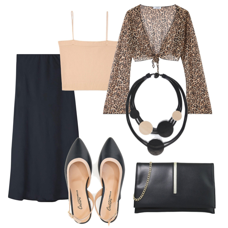 Outfit donna - Nero e crema per stasera. Stile Glamour per Serata fuori. Abbinamento con pochette, canottiere, gonne lunghe, bolero, ballerine, collane.