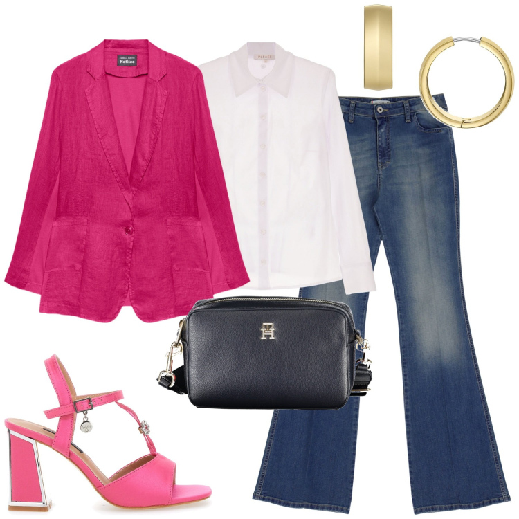 Outfit donna - City. Stile Casual chic per Tutti i giorni. Abbinamento con orecchini, camicie, jeans, borse a tracolla, sandali col tacco, blazer.