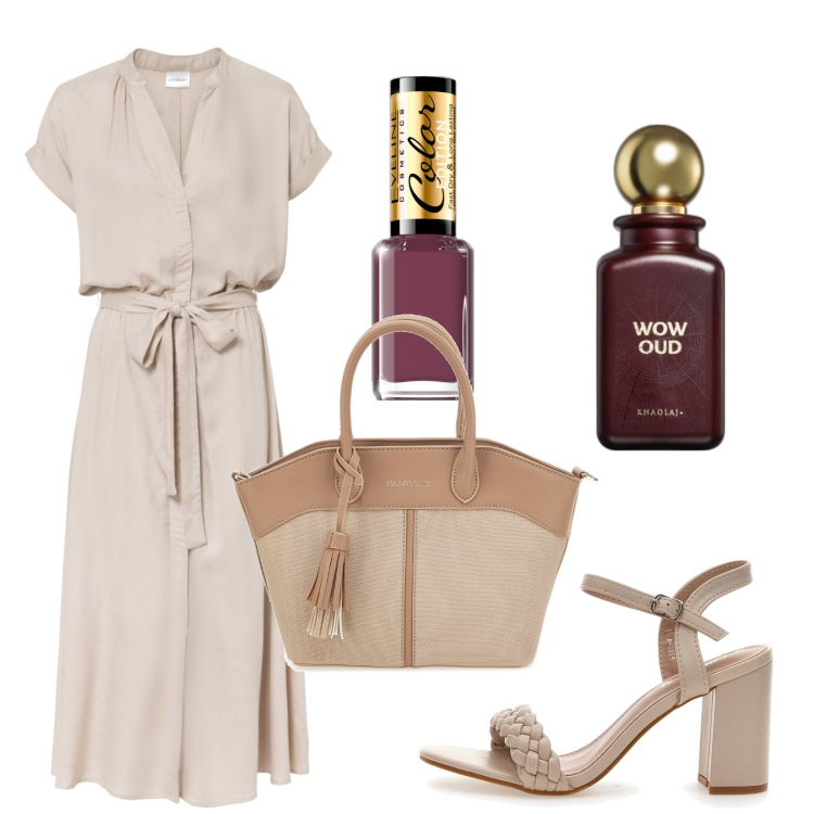 Outfit donna - Taglia over. Stile Minimal per Tutti i giorni. Abbinamento con vestiti chemisier, smalti, profumi, borse a mano, sandali col tacco.