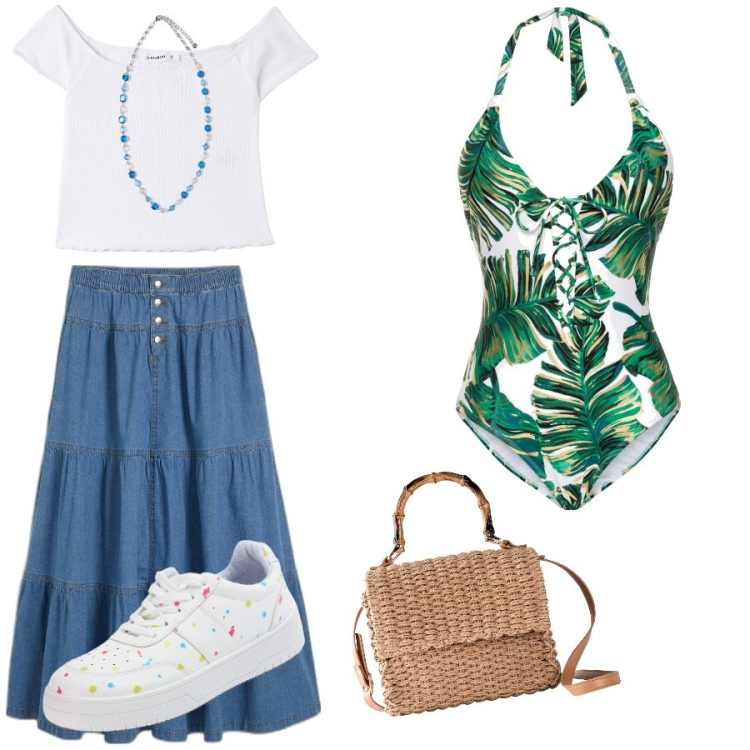 Outfit donna - Mamma ti porto al mare. Stile Basic per Mare. Abbinamento con costumi interi, gonne, borse a mano, t-shirt, sneakers, collane.