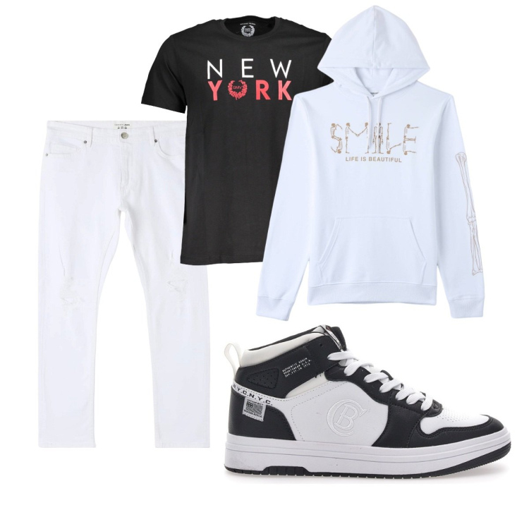 Outfit uomo - Total look #1870145. Stile Casual per Tutti i giorni. Abbinamento con jeans strappati, felpe con cappuccio, t-shirt, sneakers.